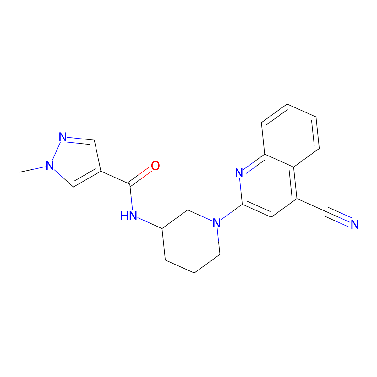 N-[1-(4-cyanoquinolin-2-yl)piperidin-3-yl]-1-methyl-1H-pyrazole-4-carboxamide molecular structure, CAS 3030781-26-8