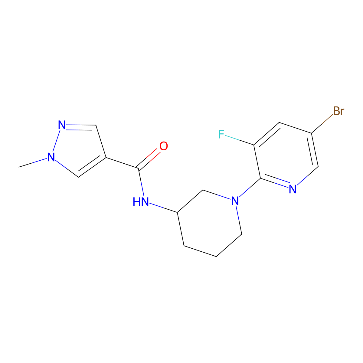 N-[1-(5-bromo-3-fluoropyridin-2-yl)piperidin-3-yl]-1-methyl-1H-pyrazole-4-carboxamide molecular structure, CAS 3030781-42-8