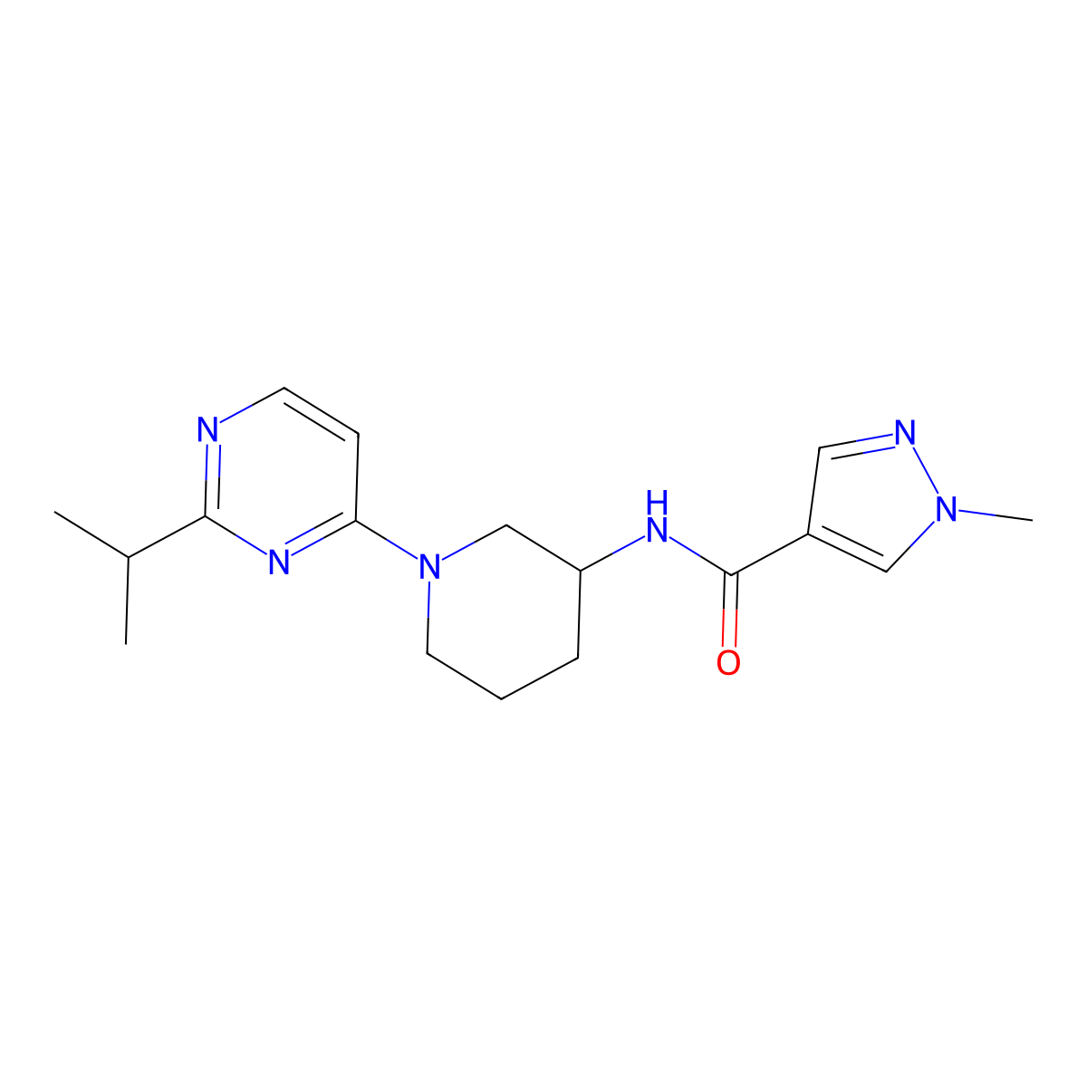 1-methyl-N-{1-[2-(propan-2-yl)pyrimidin-4-yl]piperidin-3-yl}-1H-pyrazole-4-carboxamide molecular structure, CAS 3030781-43-9