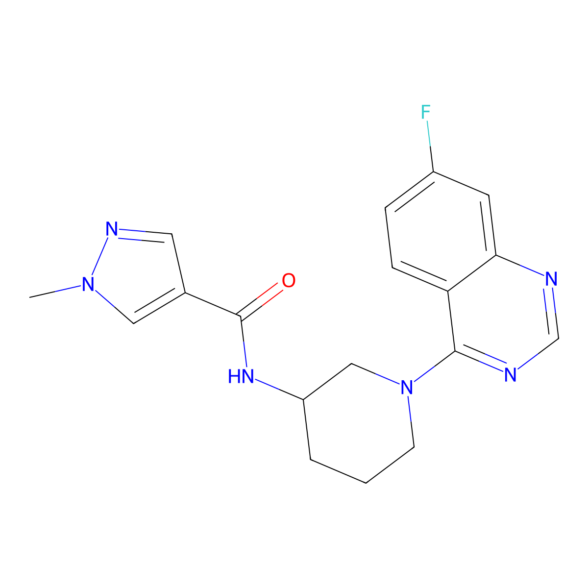 N-[1-(7-fluoroquinazolin-4-yl)piperidin-3-yl]-1-methyl-1H-pyrazole-4-carboxamide molecular structure, CAS 3030781-48-4