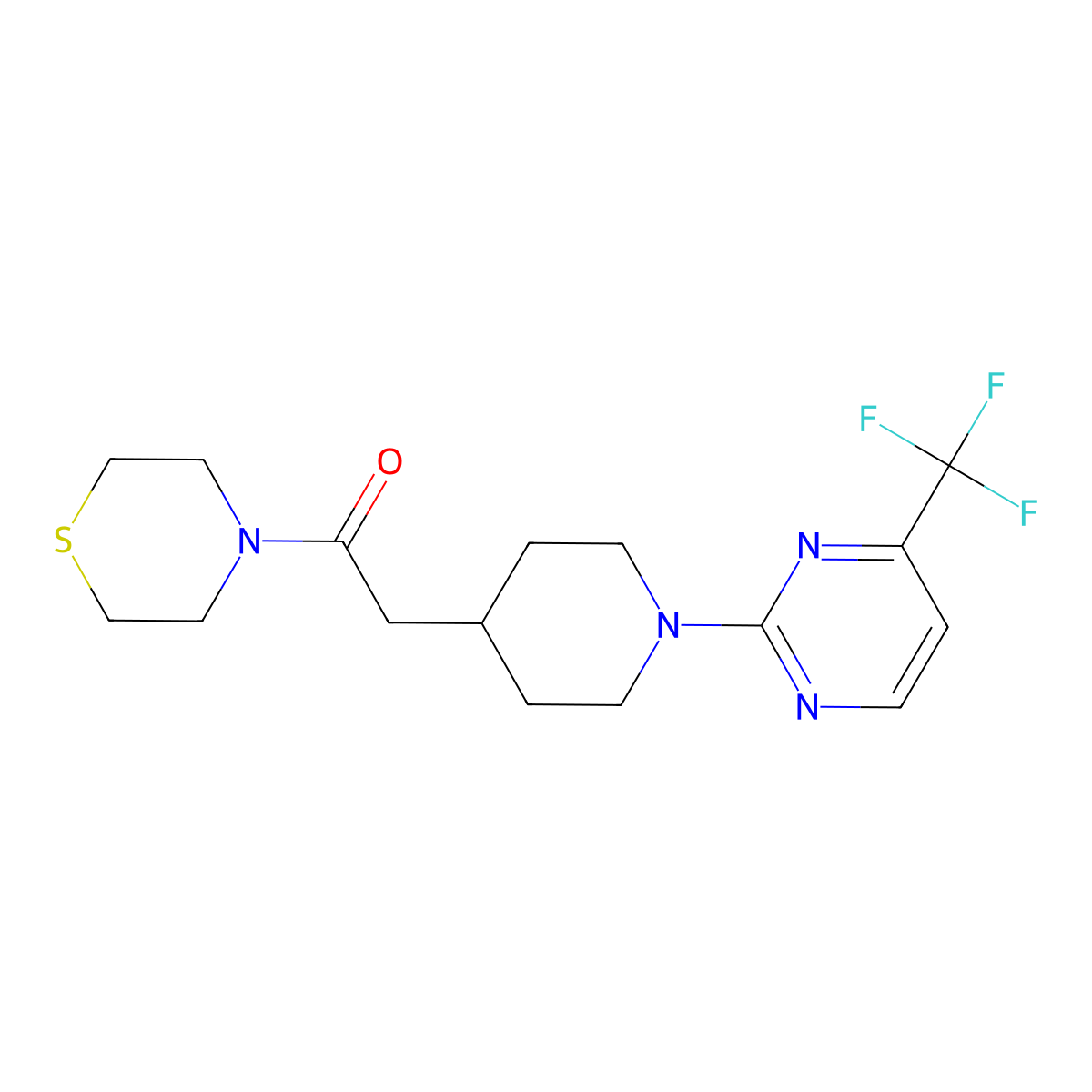 1-(Thiomorpholin-4-yl)-2-{1-[4-(trifluoromethyl)pyrimidin-2-yl]piperidin-4-yl}ethan-1-one molecular structure, CAS 3030781-49-5