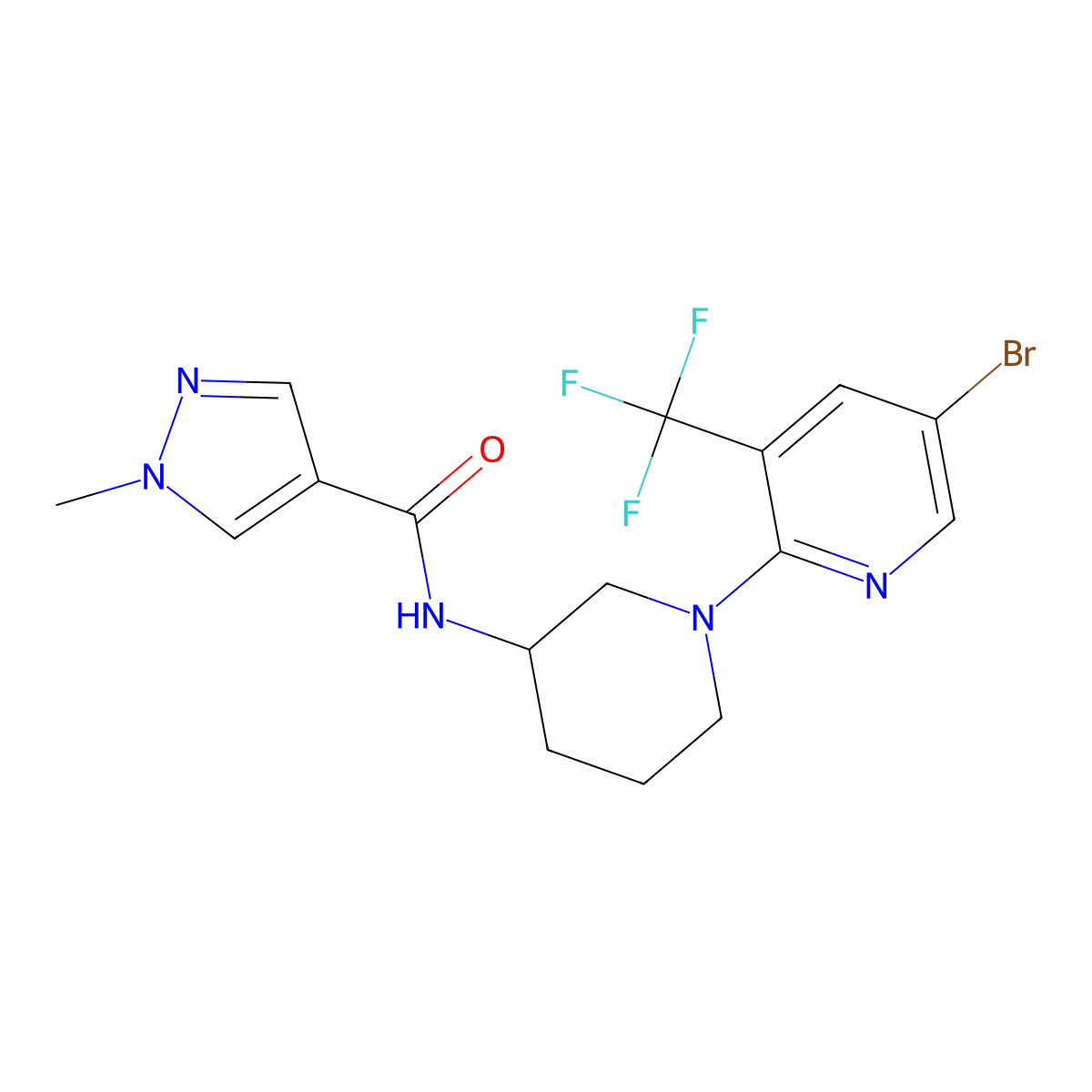 N-{1-[5-bromo-3-(trifluoromethyl)pyridin-2-yl]piperidin-3-yl}-1-methyl-1H-pyrazole-4-carboxamide molecular structure, CAS 3030781-50-8