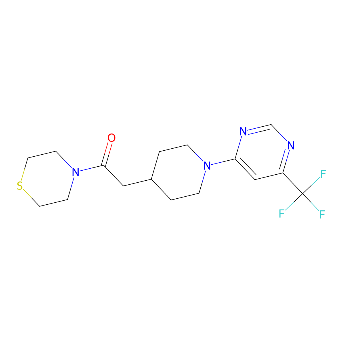 1-(Thiomorpholin-4-yl)-2-{1-[6-(trifluoromethyl)pyrimidin-4-yl]piperidin-4-yl}ethan-1-one molecular structure, CAS 3030781-51-9
