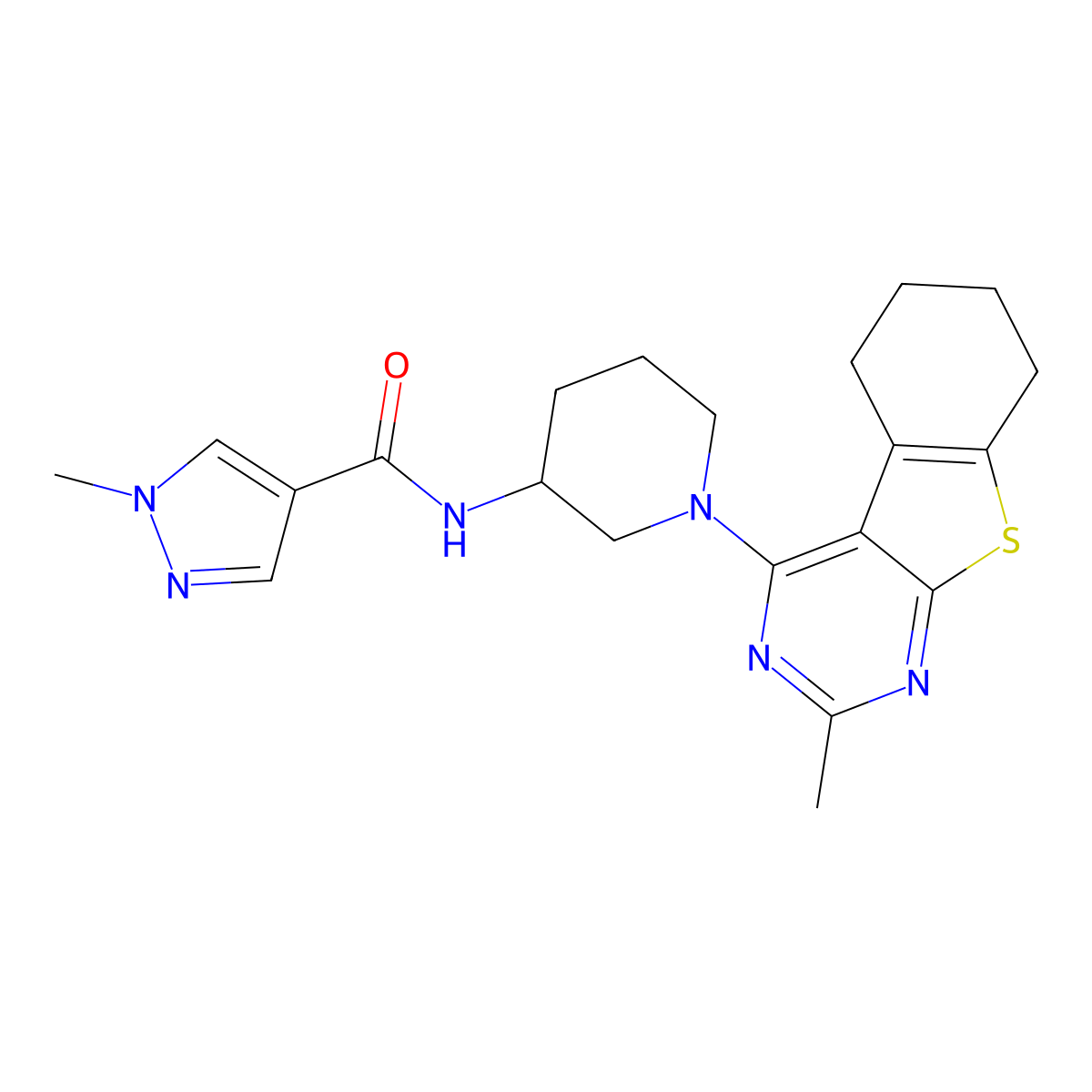 1-methyl-N-(1-{5-methyl-8-thia-4,6-diazatricyclo[7.4.0.0(2),]trideca-1(9),2,4,6-tetraen-3-yl}piperidin-3-yl)-1H-pyrazole-4-carboxamide molecular structure, CAS 3030781-52-0