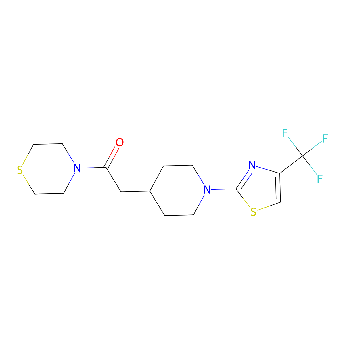 1-(Thiomorpholin-4-yl)-2-{1-[4-(trifluoromethyl)-1,3-thiazol-2-yl]piperidin-4-yl}ethan-1-one molecular structure, CAS 3030781-53-1