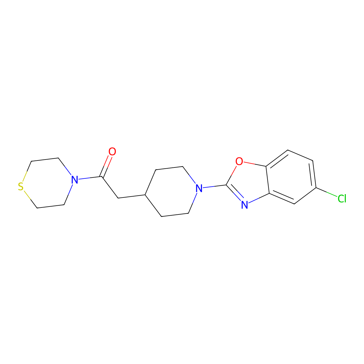 2-[1-(5-Chloro-1,3-benzoxazol-2-yl)piperidin-4-yl]-1-(thiomorpholin-4-yl)ethan-1-one molecular structure, CAS 3030781-69-9