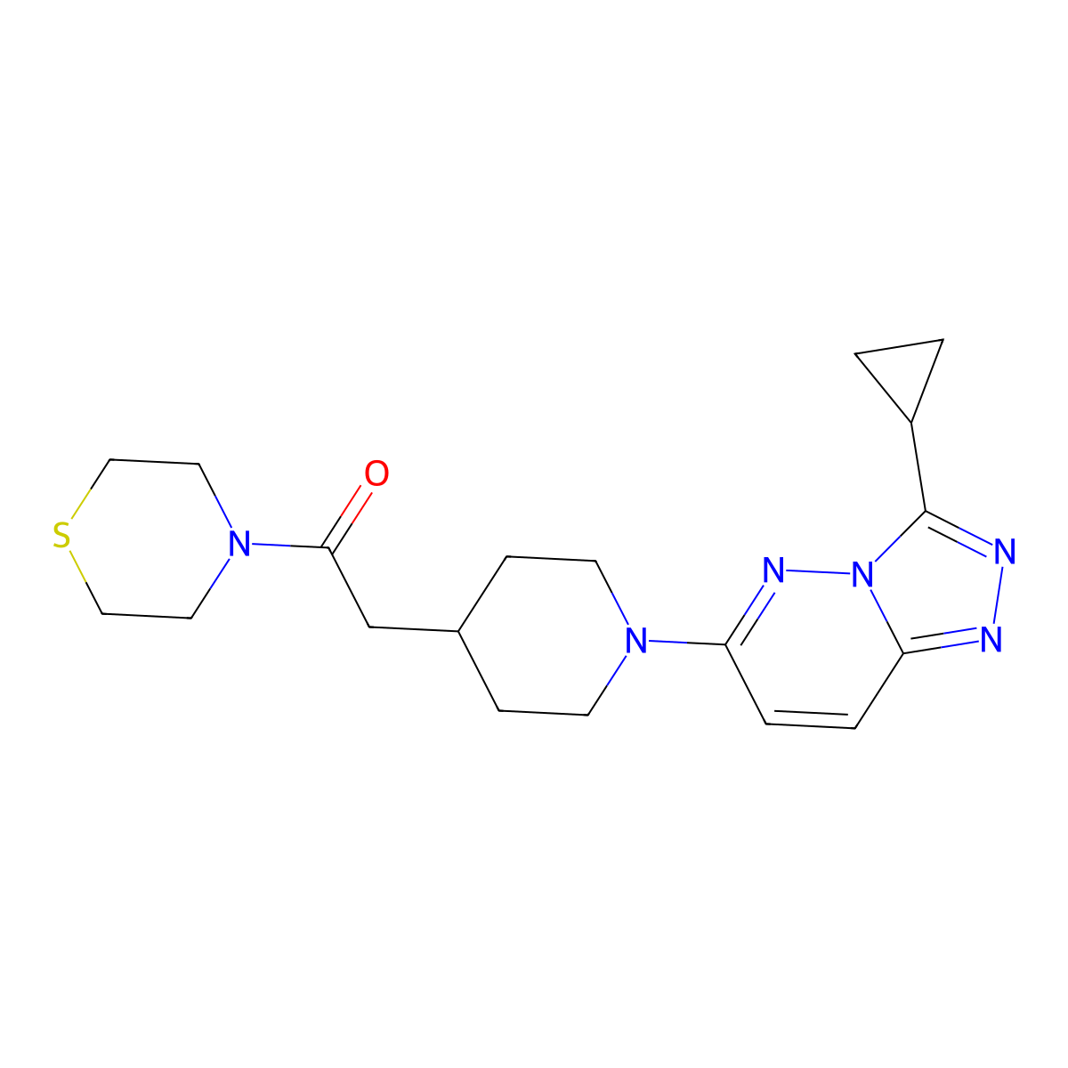 2-(1-{3-Cyclopropyl-[1,2,4]triazolo[4,3-b]pyridazin-6-yl}piperidin-4-yl)-1-(thiomorpholin-4-yl)ethan-1-one molecular structure, CAS 3030781-71-3