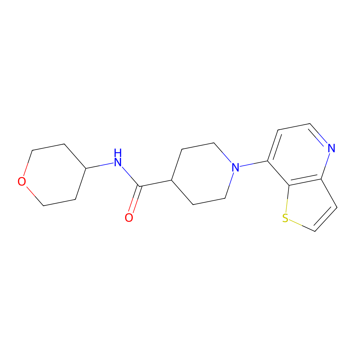 N-(oxan-4-yl)-1-{thieno[3,2-b]pyridin-7-yl}piperidine-4-carboxamide molecular structure, CAS 3030781-75-7