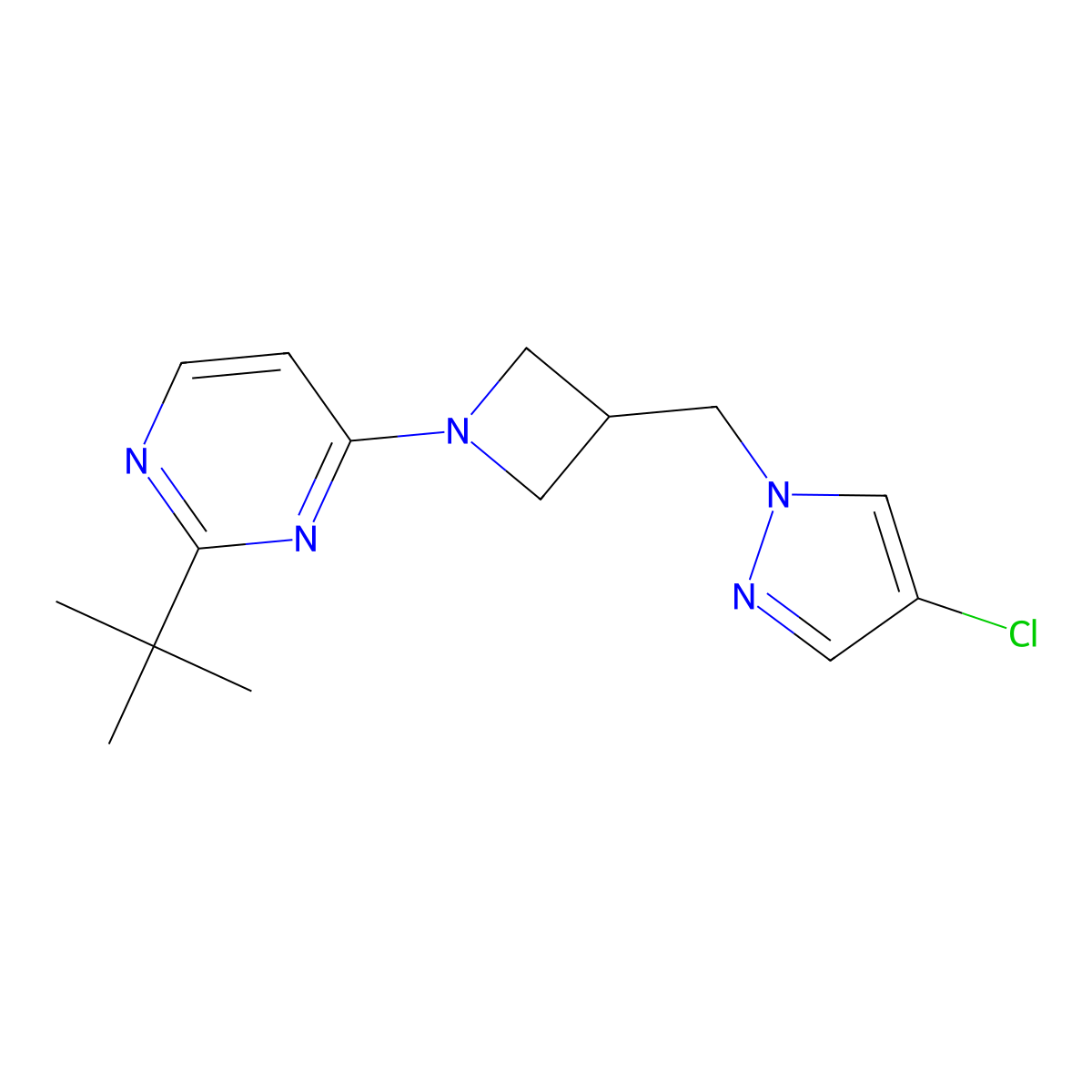 2-Tert-butyl-4-[3-[(4-chloropyrazol-1-yl)methyl]azetidin-1-yl]pyrimidine molecular structure, CAS 3030781-83-7