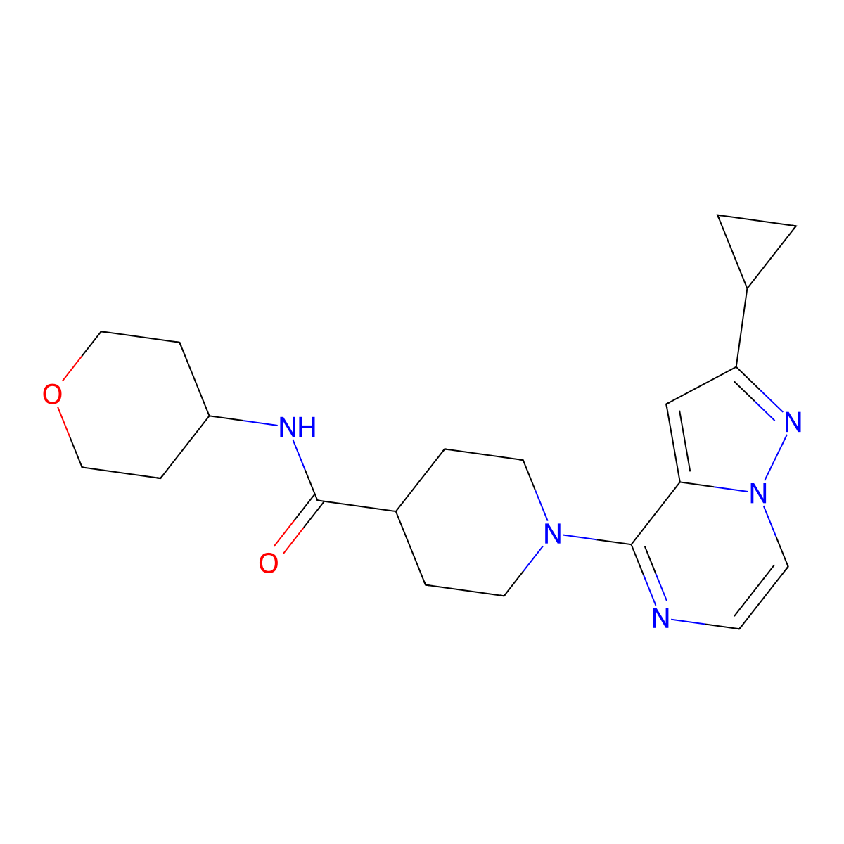 1-{2-cyclopropylpyrazolo[1,5-a]pyrazin-4-yl}-N-(oxan-4-yl)piperidine-4-carboxamide molecular structure, CAS 3030781-90-6