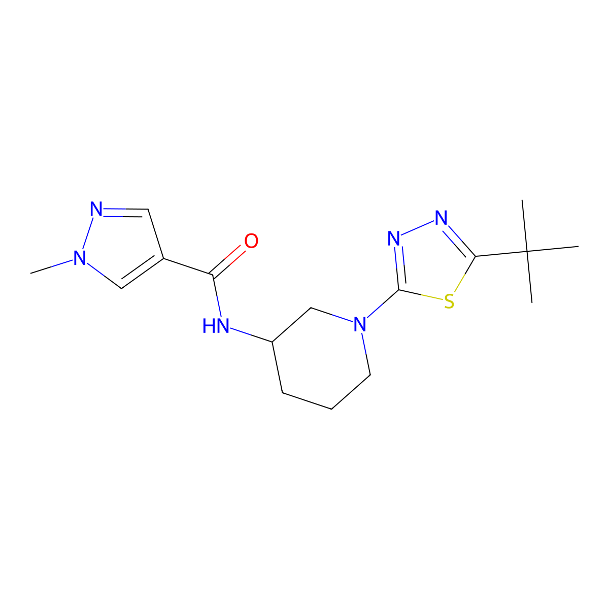 N-[1-(5-tert-butyl-1,3,4-thiadiazol-2-yl)piperidin-3-yl]-1-methyl-1H-pyrazole-4-carboxamide molecular structure, CAS 3030781-95-1