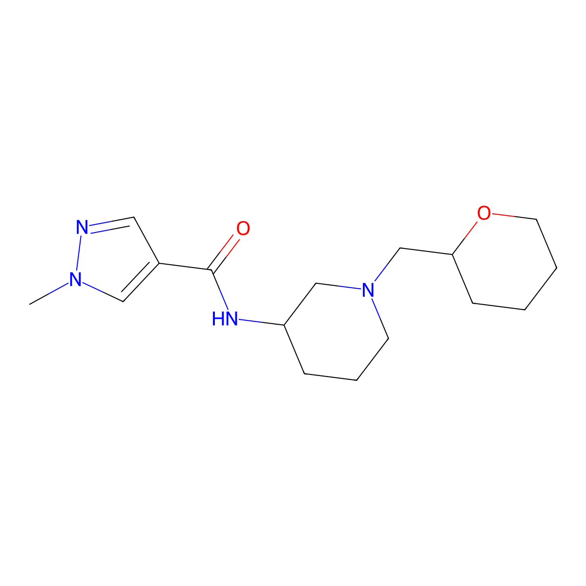 1-methyl-N-{1-[(oxan-2-yl)methyl]piperidin-3-yl}-1H-pyrazole-4-carboxamide molecular structure, CAS 3030782-01-2