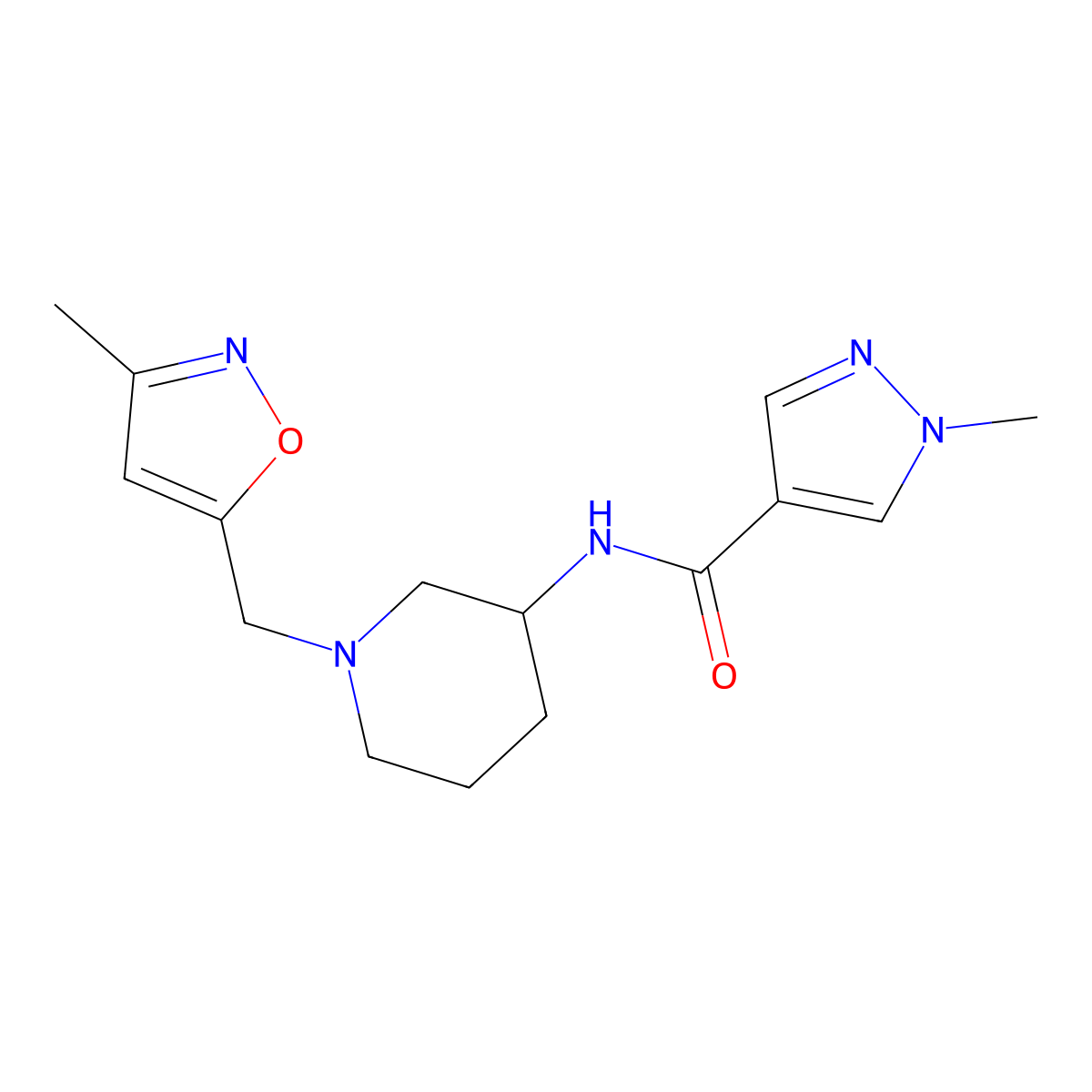 1-methyl-N-{1-[(3-methyl-1,2-oxazol-5-yl)methyl]piperidin-3-yl}-1H-pyrazole-4-carboxamide molecular structure, CAS 3030782-03-4