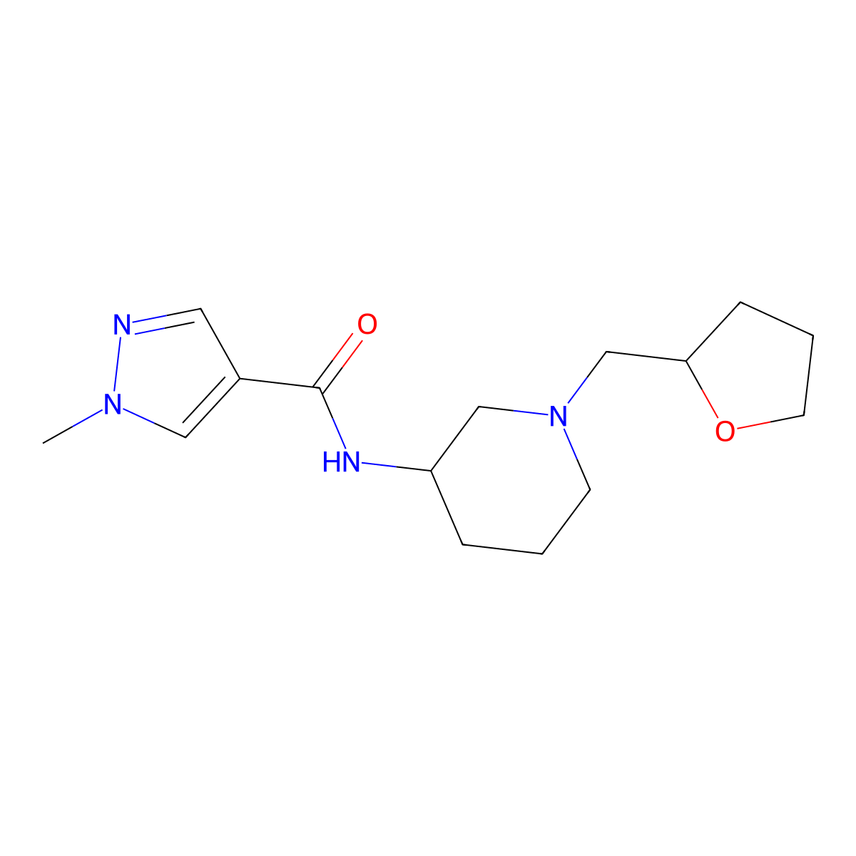 1-methyl-N-{1-[(oxolan-2-yl)methyl]piperidin-3-yl}-1H-pyrazole-4-carboxamide molecular structure, CAS 3030782-05-6