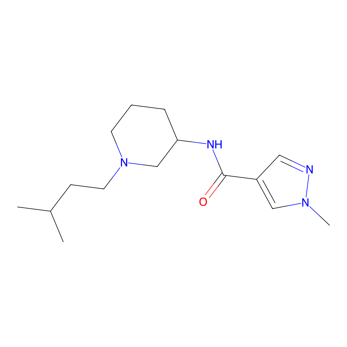 1-methyl-N-[1-(3-methylbutyl)piperidin-3-yl]-1H-pyrazole-4-carboxamide molecular structure, CAS 3030782-09-0