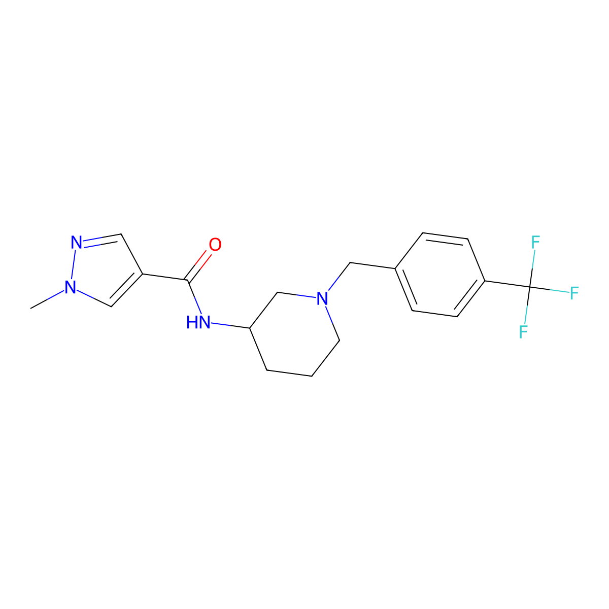 1-methyl-N-(1-{[4-(trifluoromethyl)phenyl]methyl}piperidin-3-yl)-1H-pyrazole-4-carboxamide molecular structure, CAS 3030782-11-4