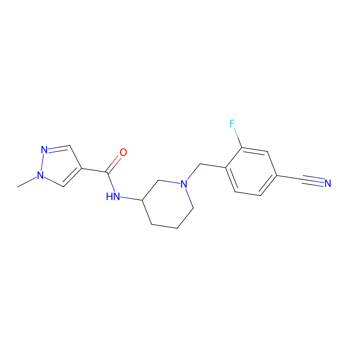 N-{1-[(4-cyano-2-fluorophenyl)methyl]piperidin-3-yl}-1-methyl-1H-pyrazole-4-carboxamide molecular structure, CAS 3030782-18-1