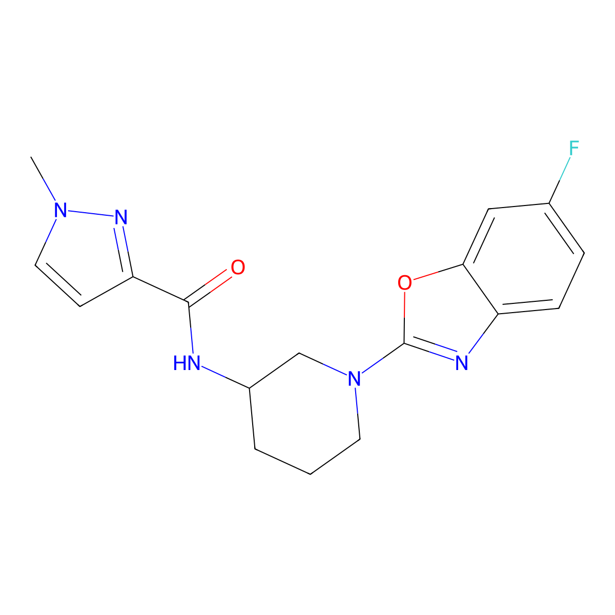 N-[1-(6-fluoro-1,3-benzoxazol-2-yl)piperidin-3-yl]-1-methyl-1H-pyrazole-3-carboxamide molecular structure, CAS 3030782-33-0