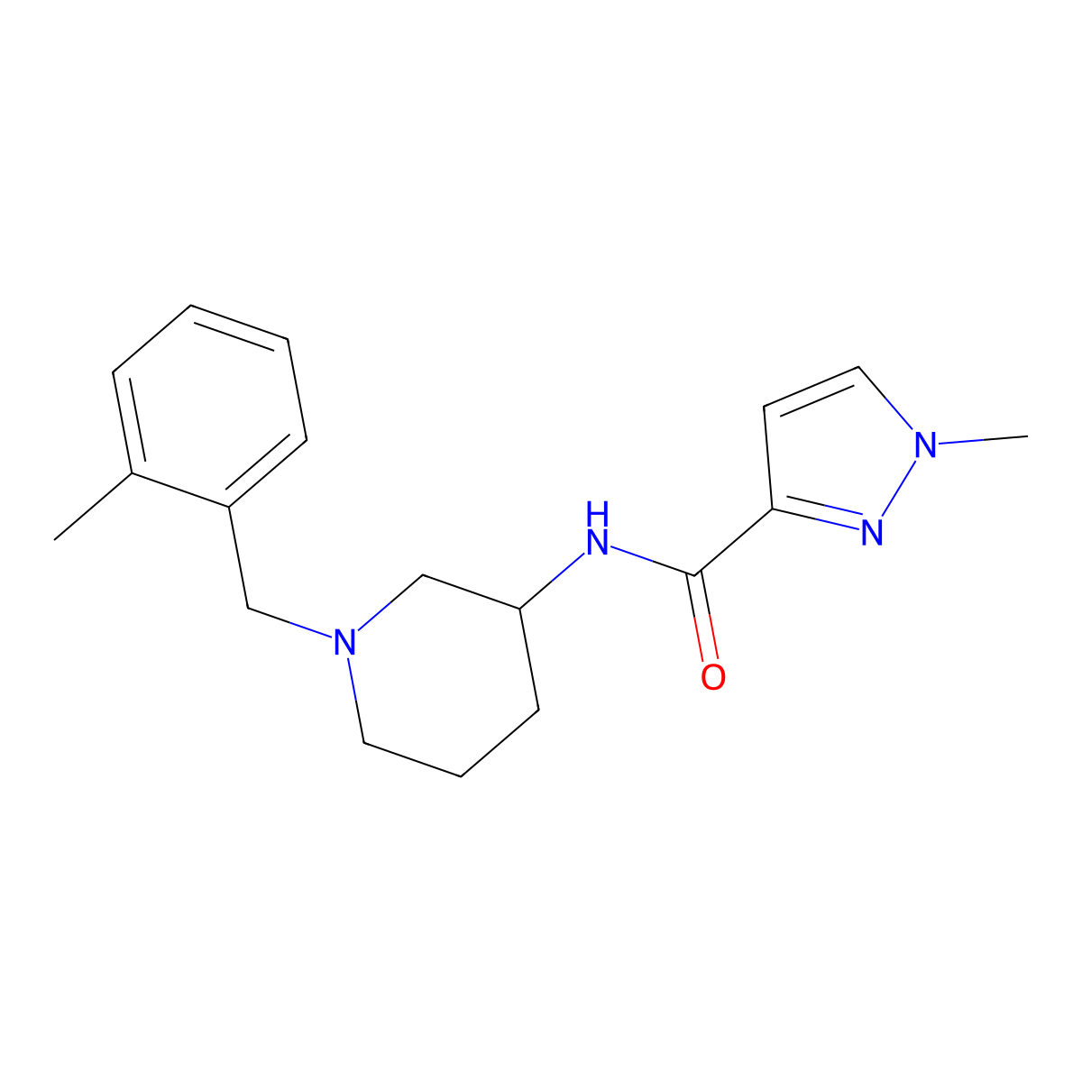 1-methyl-N-{1-[(2-methylphenyl)methyl]piperidin-3-yl}-1H-pyrazole-3-carboxamide molecular structure, CAS 3030782-34-1