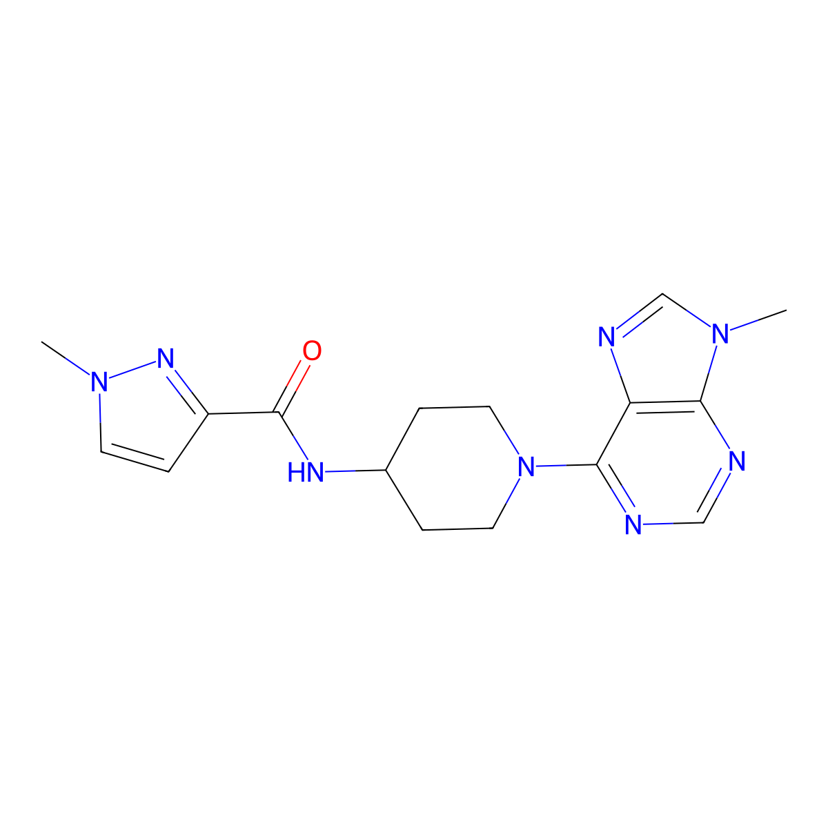 1-methyl-N-[1-(9-methyl-9H-purin-6-yl)piperidin-4-yl]-1H-pyrazole-3-carboxamide molecular structure, CAS 3030782-36-3