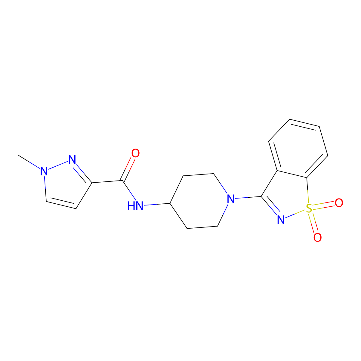 N-[1-(1,1-dioxo-1lambda,2-benzothiazol-3-yl)piperidin-4-yl]-1-methyl-1H-pyrazole-3-carboxamide molecular structure, CAS 3030782-43-2