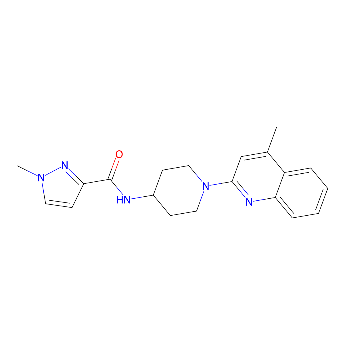 1-methyl-N-[1-(4-methylquinolin-2-yl)piperidin-4-yl]-1H-pyrazole-3-carboxamide molecular structure, CAS 3030782-51-2