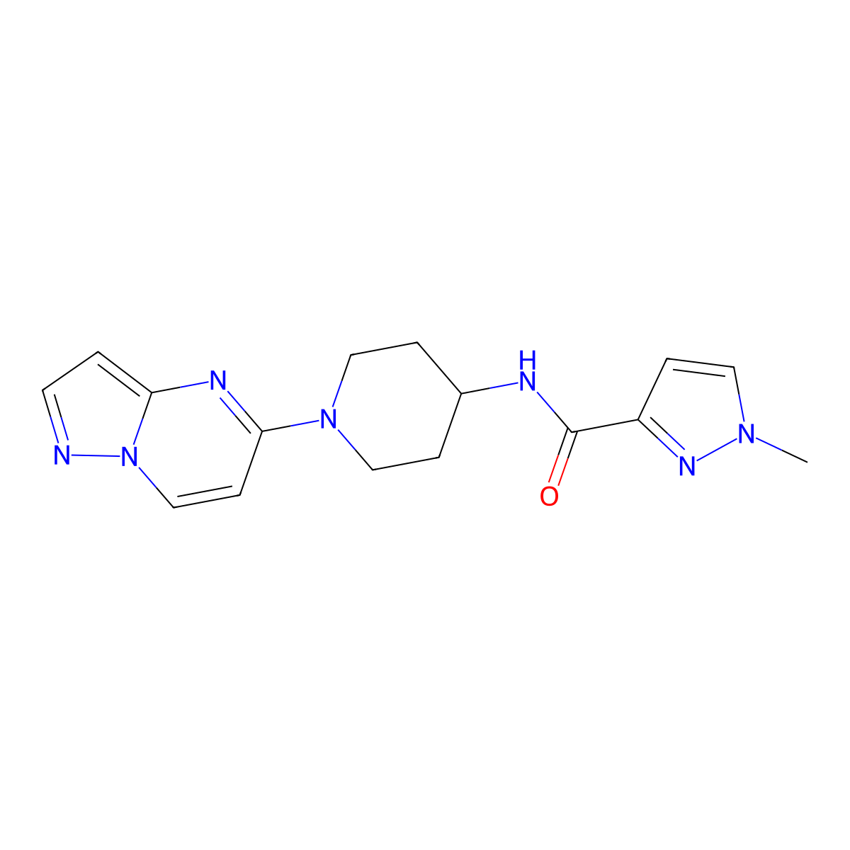 1-methyl-N-(1-{pyrazolo[1,5-a]pyrimidin-5-yl}piperidin-4-yl)-1H-pyrazole-3-carboxamide molecular structure, CAS 3030782-57-8