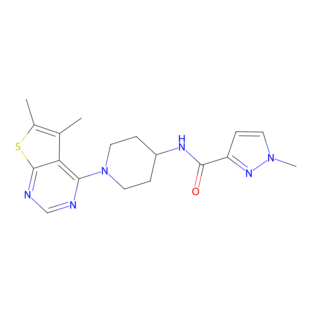 N-(1-{5,6-dimethylthieno[2,3-d]pyrimidin-4-yl}piperidin-4-yl)-1-methyl-1H-pyrazole-3-carboxamide molecular structure, CAS 3030782-59-0