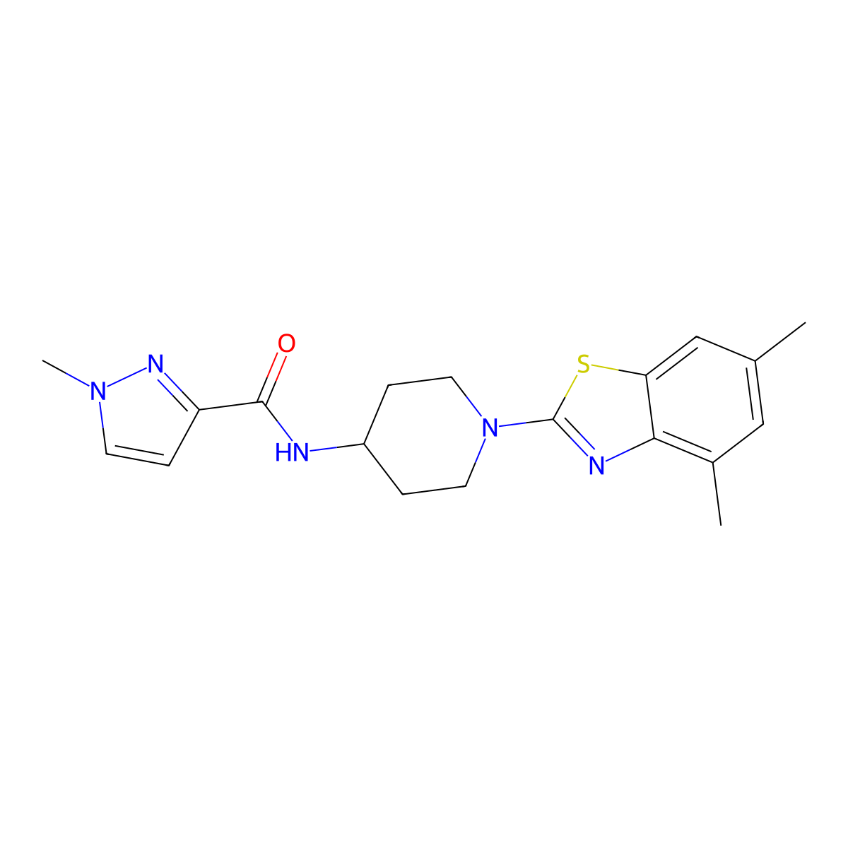 N-[1-(4,6-dimethyl-1,3-benzothiazol-2-yl)piperidin-4-yl]-1-methyl-1H-pyrazole-3-carboxamide molecular structure, CAS 3030782-67-0