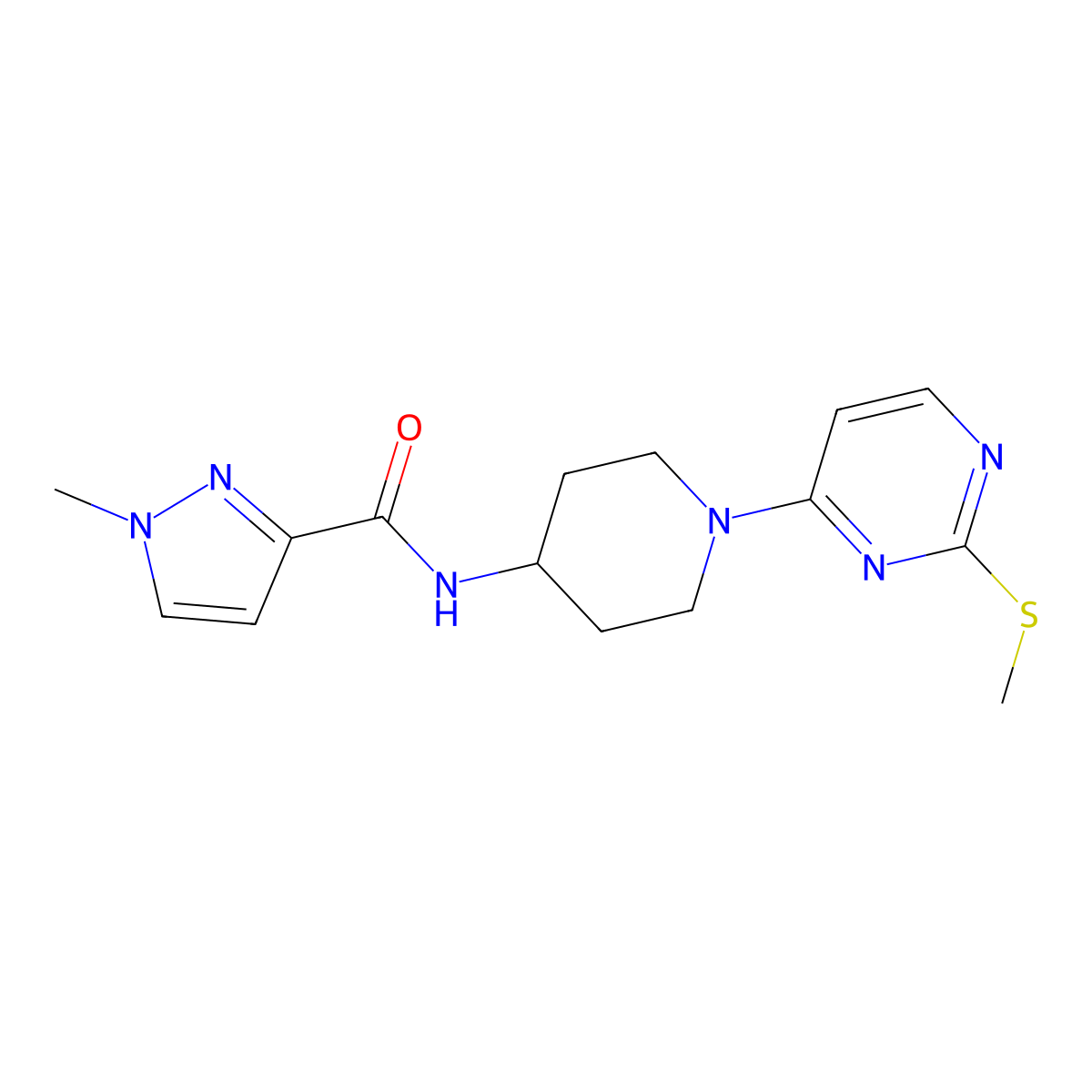 1-methyl-N-{1-[2-(methylsulfanyl)pyrimidin-4-yl]piperidin-4-yl}-1H-pyrazole-3-carboxamide molecular structure, CAS 3030782-70-5