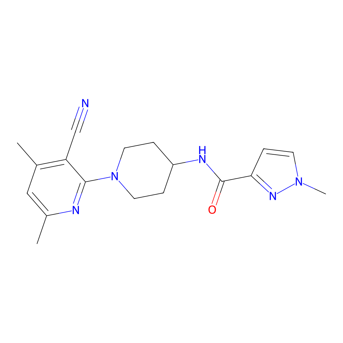 N-[1-(3-cyano-4,6-dimethylpyridin-2-yl)piperidin-4-yl]-1-methyl-1H-pyrazole-3-carboxamide molecular structure, CAS 3030782-73-8