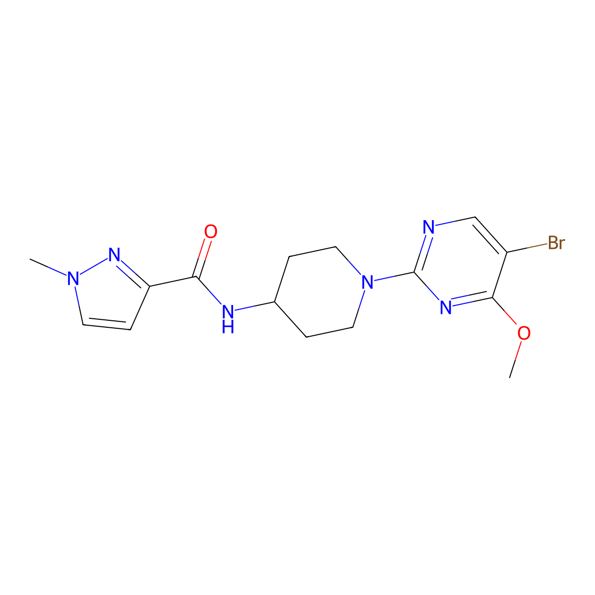 N-[1-(5-bromo-4-methoxypyrimidin-2-yl)piperidin-4-yl]-1-methyl-1H-pyrazole-3-carboxamide molecular structure, CAS 3030782-76-1