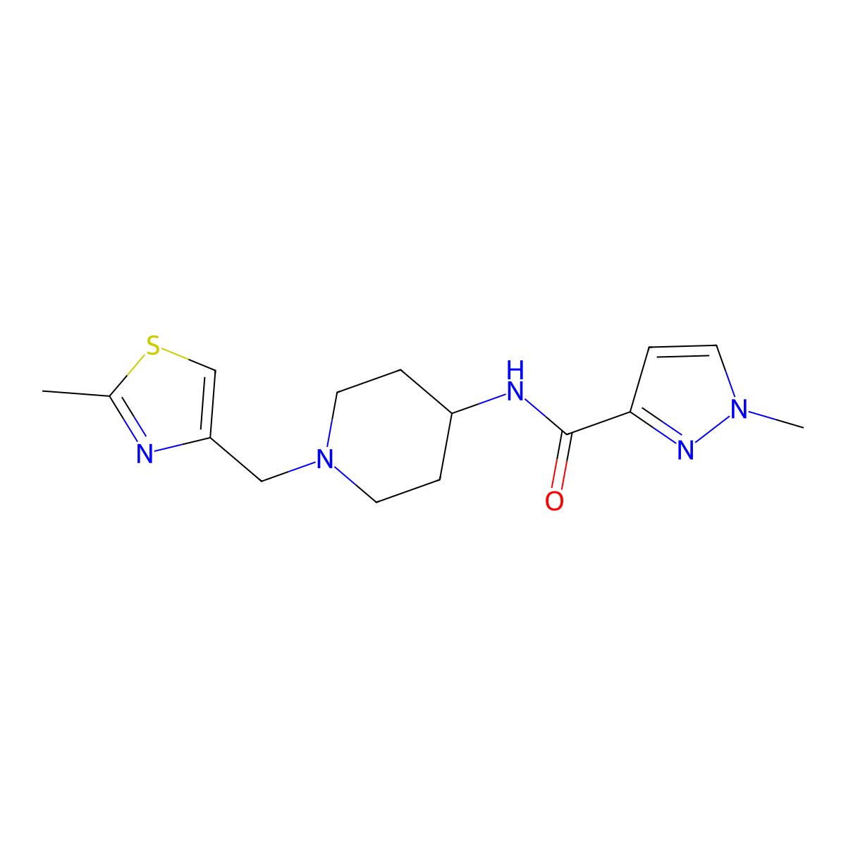 1-methyl-N-{1-[(2-methyl-1,3-thiazol-4-yl)methyl]piperidin-4-yl}-1H-pyrazole-3-carboxamide molecular structure, CAS 3030782-83-0