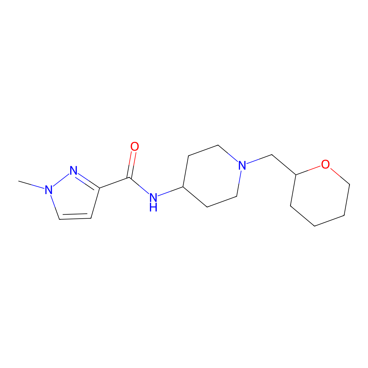 1-methyl-N-{1-[(oxan-2-yl)methyl]piperidin-4-yl}-1H-pyrazole-3-carboxamide molecular structure, CAS 3030782-86-3