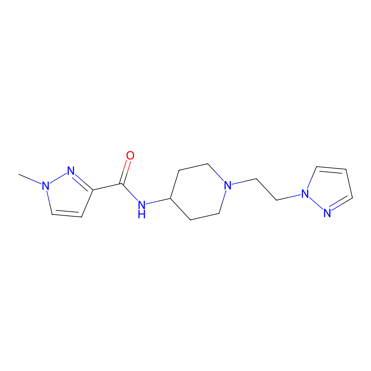 1-methyl-N-{1-[2-(1H-pyrazol-1-yl)ethyl]piperidin-4-yl}-1H-pyrazole-3-carboxamide molecular structure, CAS 3030782-89-6