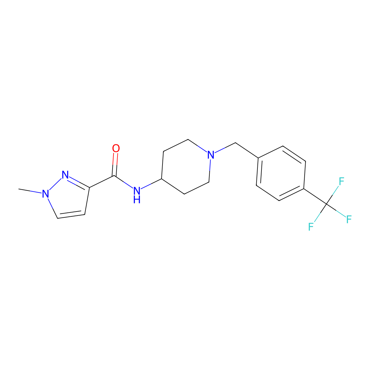 1-methyl-N-(1-{[4-(trifluoromethyl)phenyl]methyl}piperidin-4-yl)-1H-pyrazole-3-carboxamide molecular structure, CAS 3030782-95-4