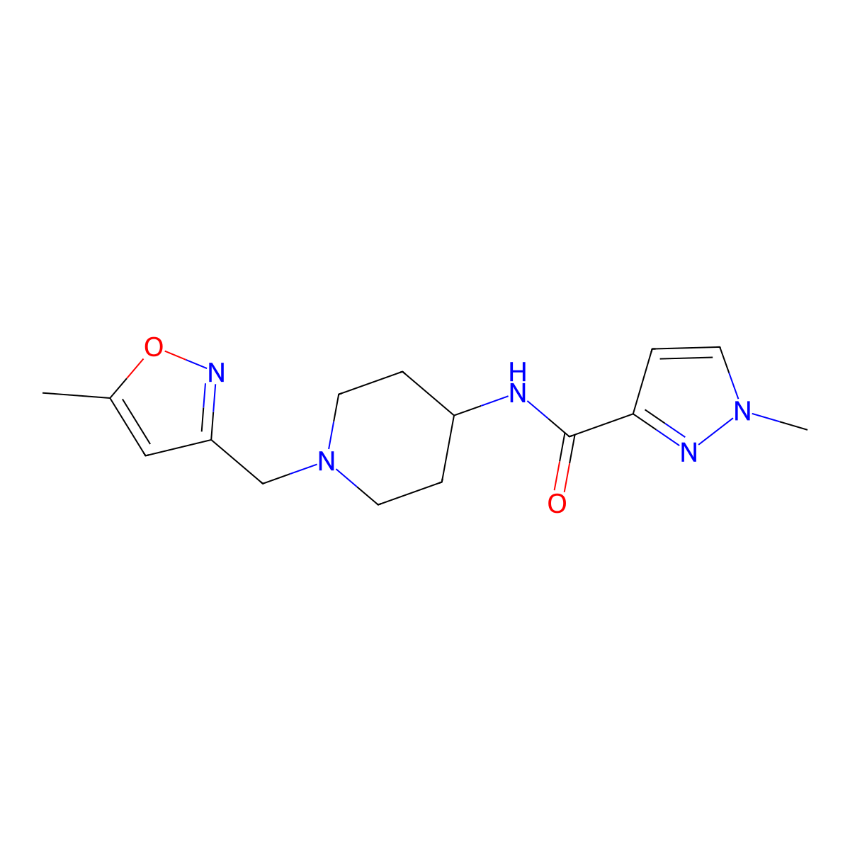 1-methyl-N-{1-[(5-methyl-1,2-oxazol-3-yl)methyl]piperidin-4-yl}-1H-pyrazole-3-carboxamide molecular structure, CAS 3030783-08-2