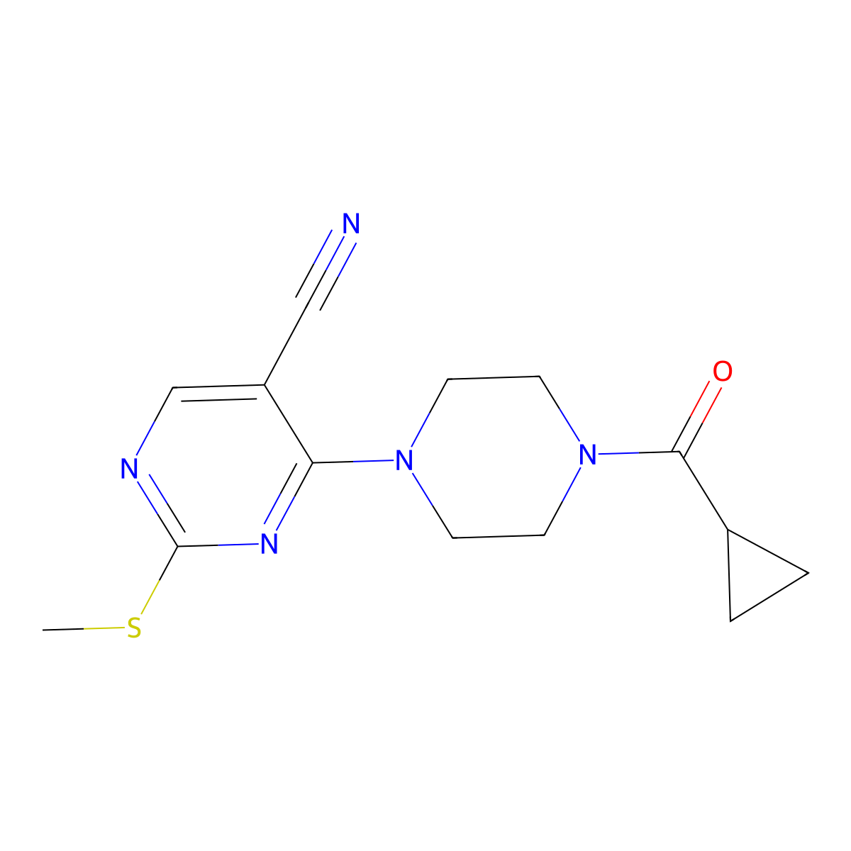 4-[4-(Cyclopropanecarbonyl)piperazin-1-yl]-2-methylsulfanylpyrimidine-5-carbonitrile molecular structure, CAS 3030783-09-3