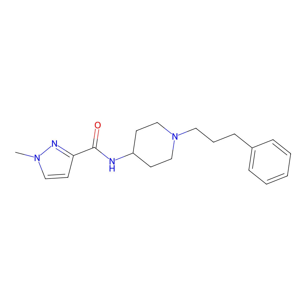 1-methyl-N-[1-(3-phenylpropyl)piperidin-4-yl]-1H-pyrazole-3-carboxamide molecular structure, CAS 3030783-11-7