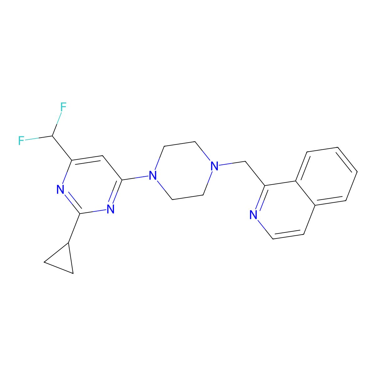 1-({4-[2-Cyclopropyl-6-(difluoromethyl)pyrimidin-4-yl]piperazin-1-yl}methyl)isoquinoline molecular structure, CAS 3030783-13-9