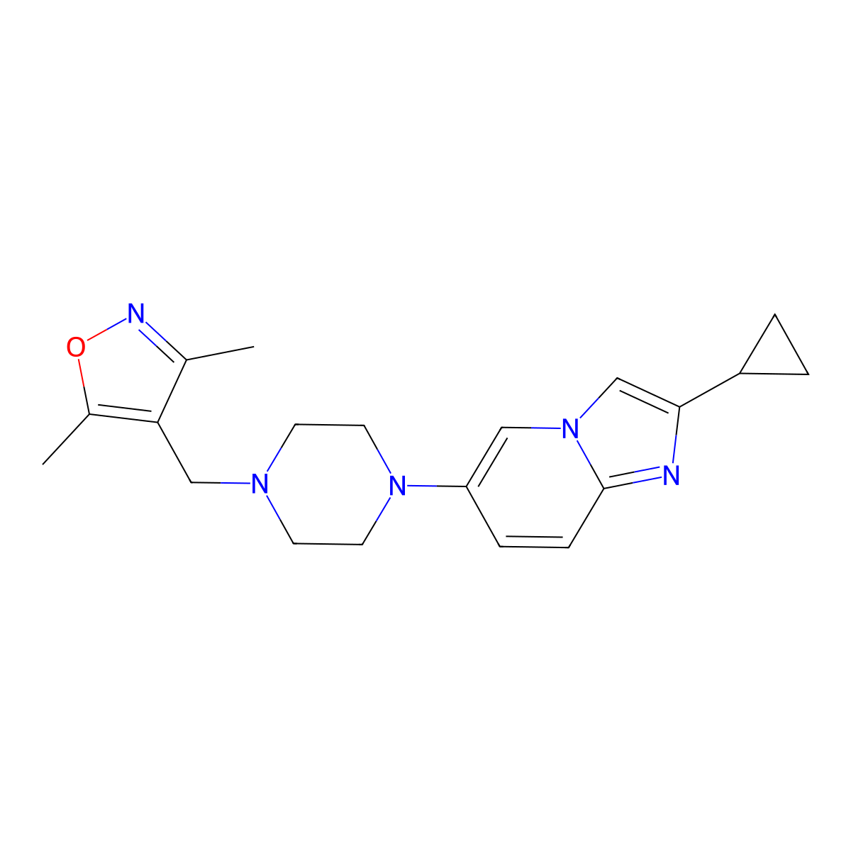 1-{2-Cyclopropylimidazo[1,2-a]pyridin-6-yl}-4-[(3,5-dimethyl-1,2-oxazol-4-yl)methyl]piperazine molecular structure, CAS 3030783-21-9