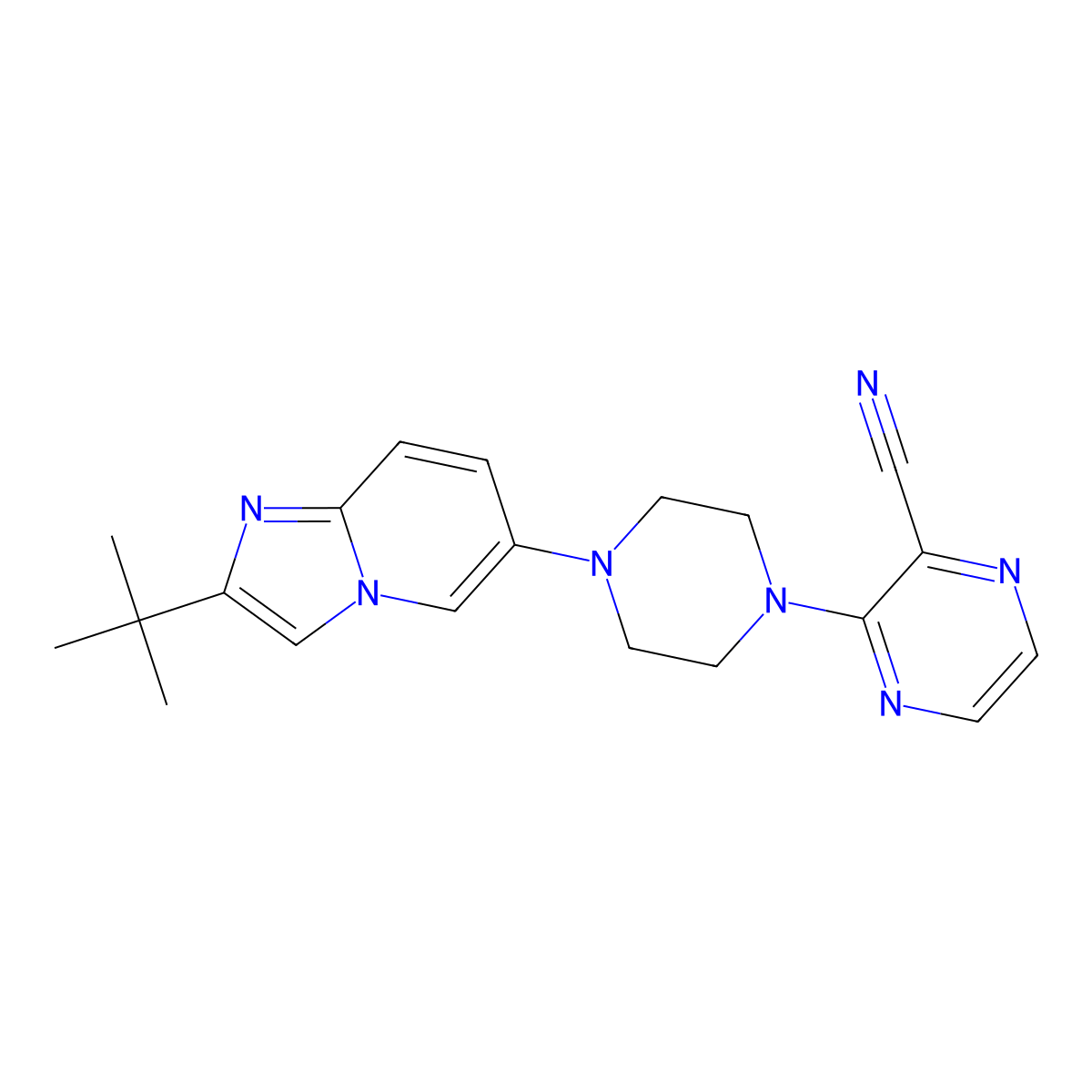 3-(4-{2-Tert-butylimidazo[1,2-a]pyridin-6-yl}piperazin-1-yl)pyrazine-2-carbonitrile molecular structure, CAS 3030783-24-2