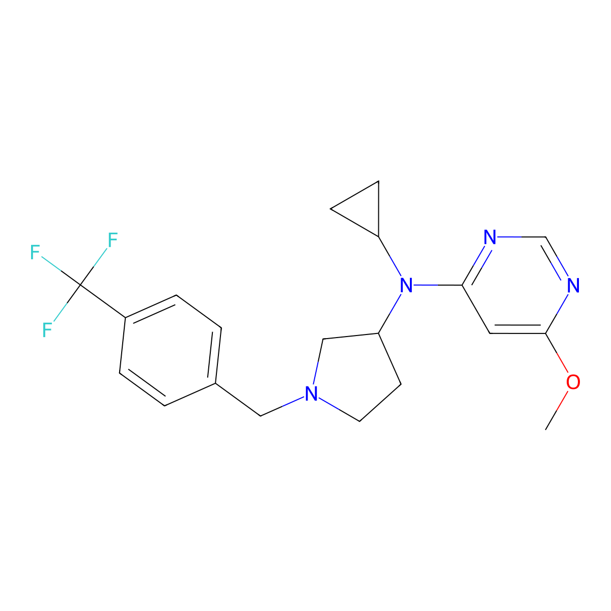 N-cyclopropyl-6-methoxy-N-(1-{[4-(trifluoromethyl)phenyl]methyl}pyrrolidin-3-yl)pyrimidin-4-amine molecular structure, CAS 3030784-02-9
