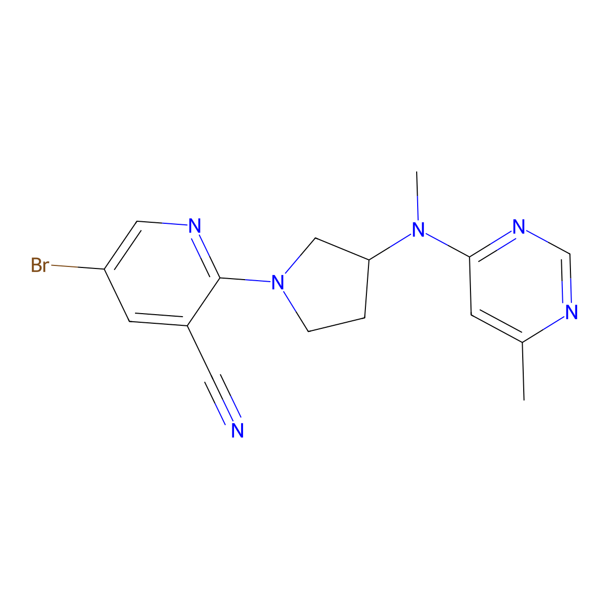 5-Bromo-2-{3-[methyl(6-methylpyrimidin-4-yl)amino]pyrrolidin-1-yl}pyridine-3-carbonitrile molecular structure, CAS 3030784-36-9