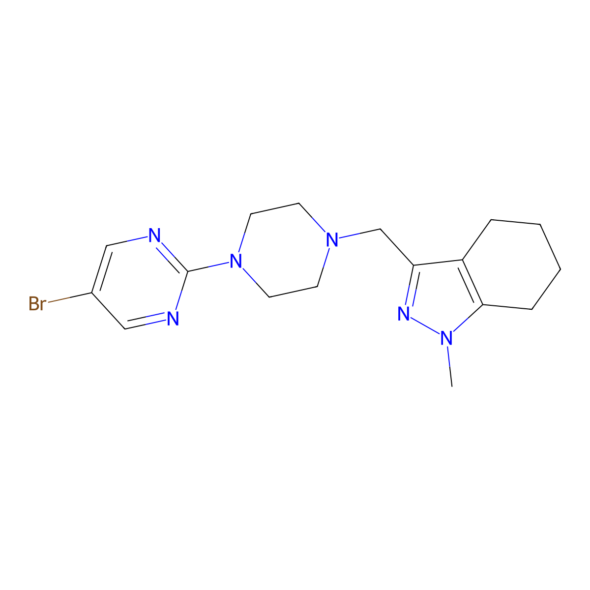 3-{[4-(5-bromopyrimidin-2-yl)piperazin-1-yl]methyl}-1-methyl-4,5,6,7-tetrahydro-1H-indazole molecular structure, CAS 3030784-41-6