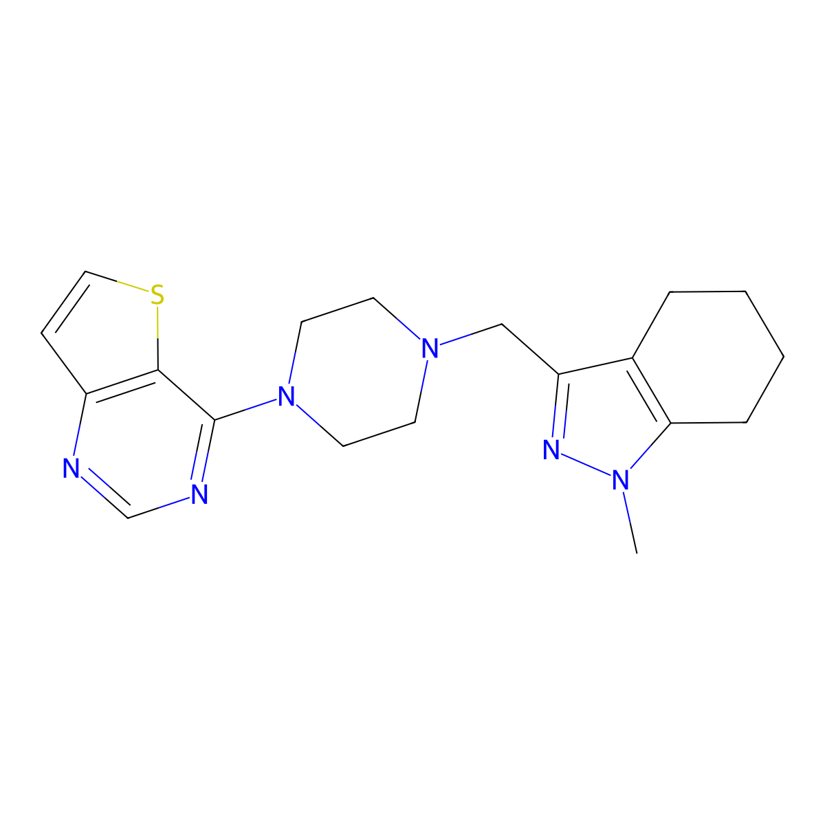 1-methyl-3-[(4-{thieno[3,2-d]pyrimidin-4-yl}piperazin-1-yl)methyl]-4,5,6,7-tetrahydro-1H-indazole molecular structure, CAS 3030784-47-2