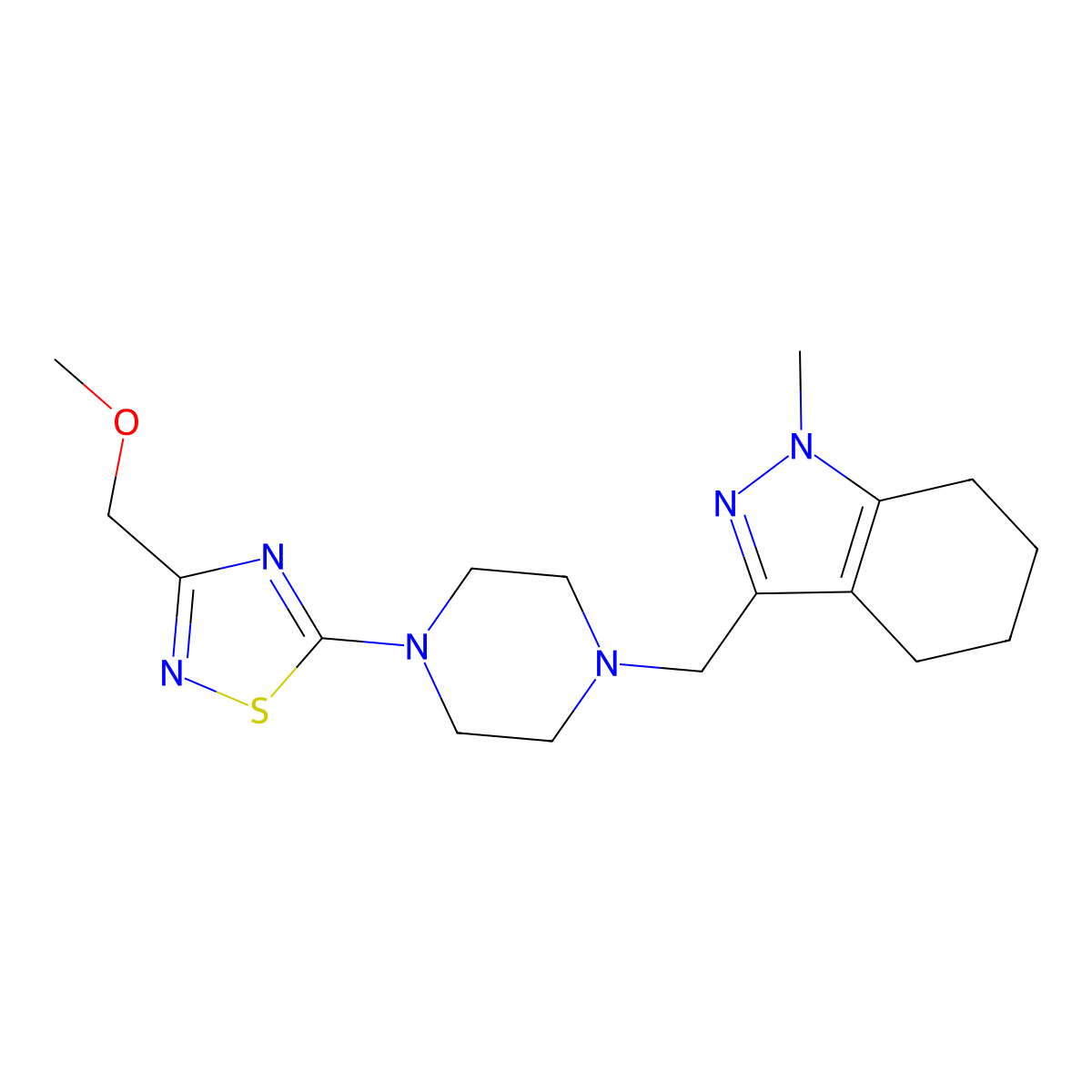 3-({4-[3-(methoxymethyl)-1,2,4-thiadiazol-5-yl]piperazin-1-yl}methyl)-1-methyl-4,5,6,7-tetrahydro-1H-indazole molecular structure, CAS 3030784-51-8