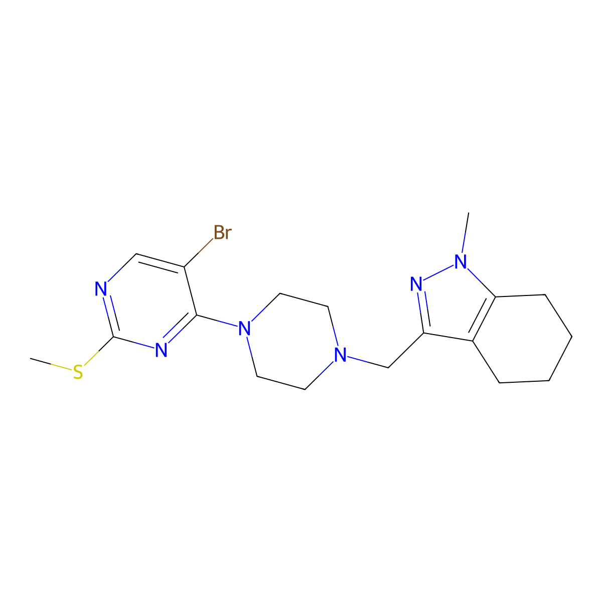 3-({4-[5-bromo-2-(methylsulfanyl)pyrimidin-4-yl]piperazin-1-yl}methyl)-1-methyl-4,5,6,7-tetrahydro-1H-indazole molecular structure, CAS 3030784-53-0
