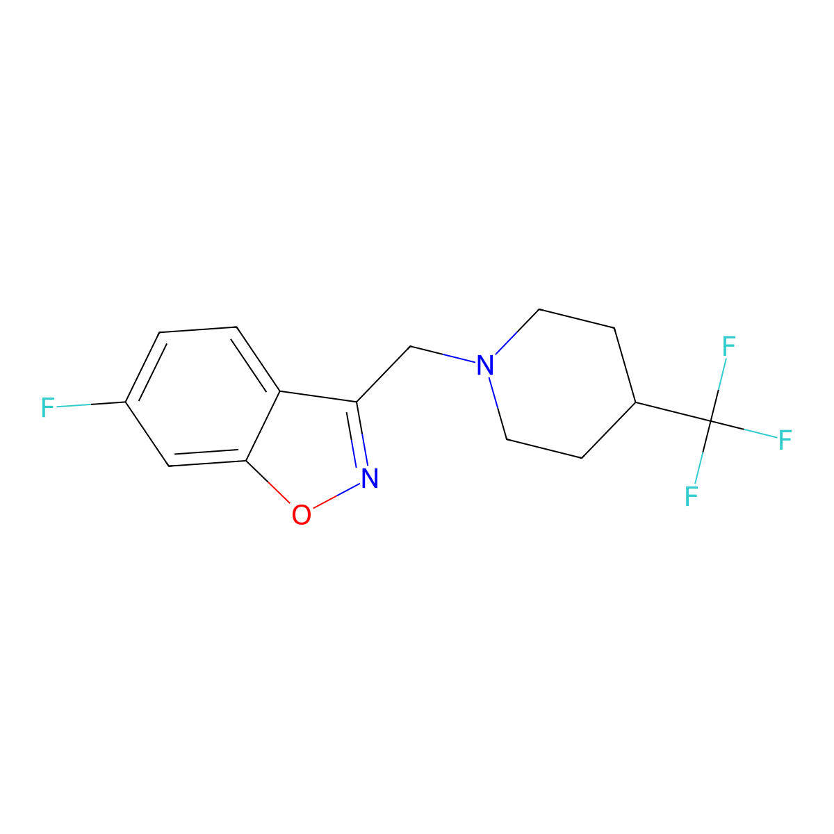 6-Fluoro-3-{[4-(trifluoromethyl)piperidin-1-yl]methyl}-1,2-benzoxazole molecular structure, CAS 3030784-63-2