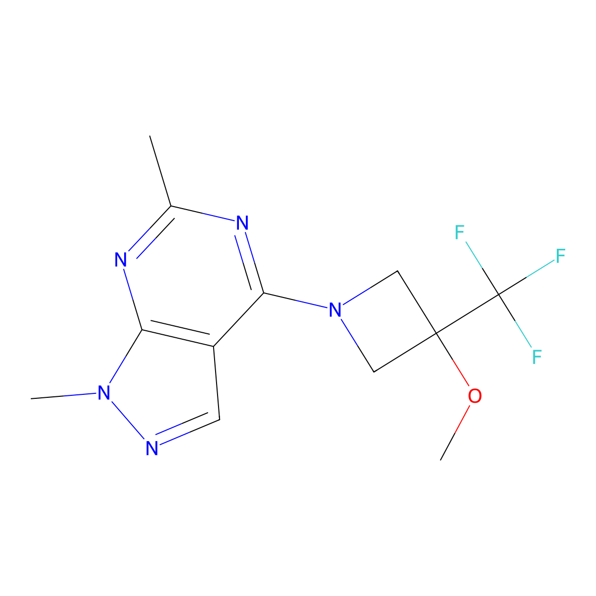 1-{1,6-dimethyl-1H-pyrazolo[3,4-d]pyrimidin-4-yl}-3-methoxy-3-(trifluoromethyl)azetidine molecular structure, CAS 3030784-86-9